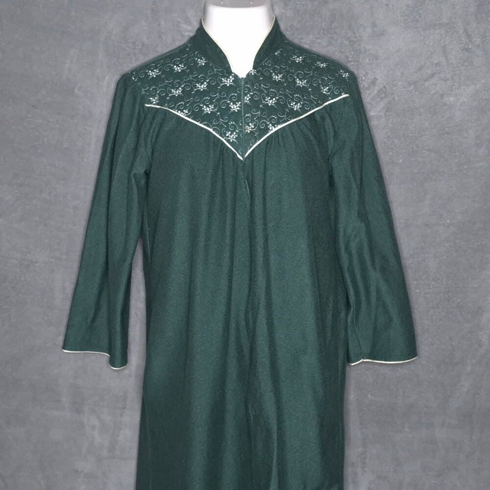 Vintage Castle Harbor Lounge Dress Large Green Floral Embroidered Imperfect